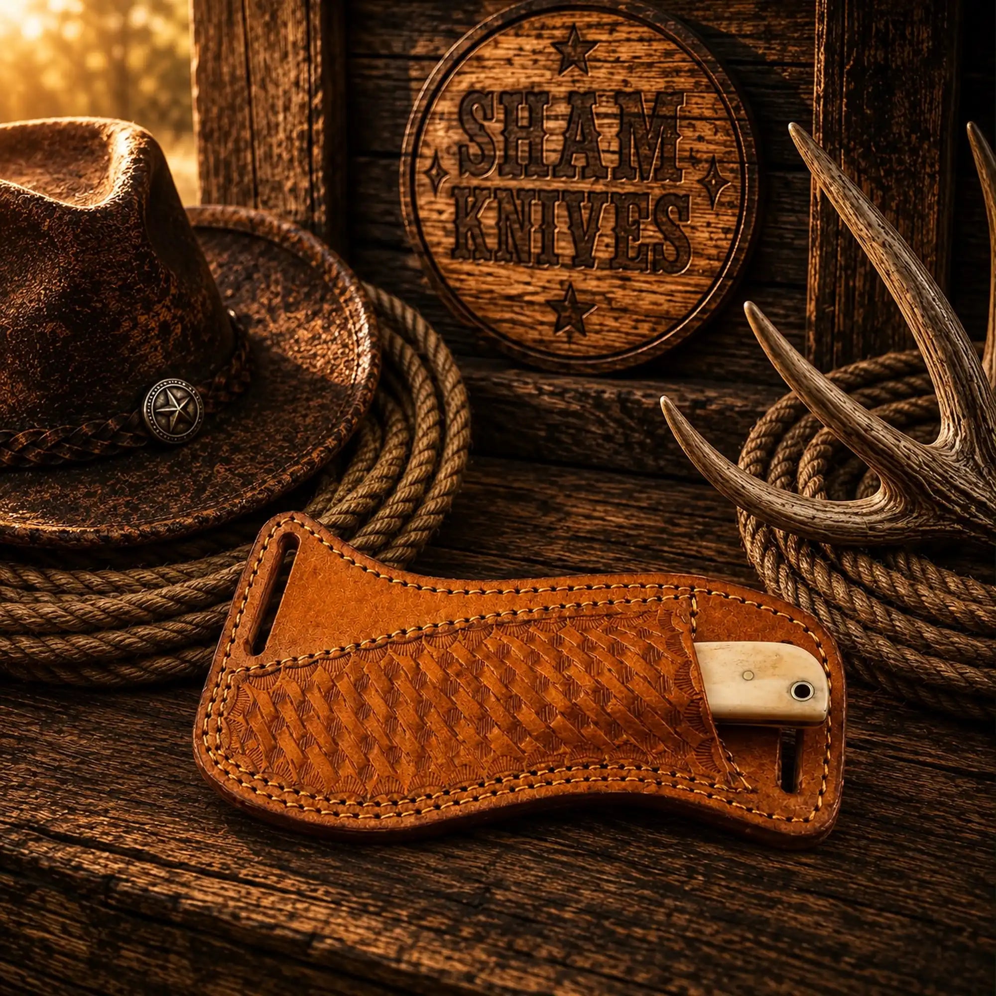 D2 steel skinning knife displayed on a horizontal leather belt sheath