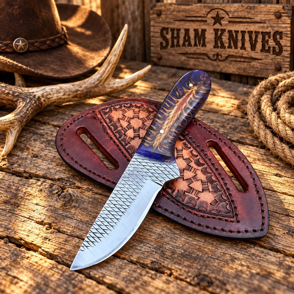 Cowboy skinning knife displayed with pancake leather belt sheath