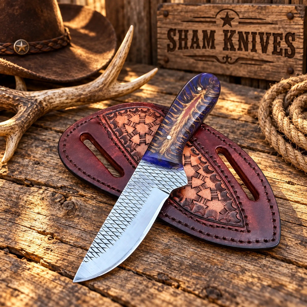 Cowboy skinning knife displayed with pancake leather belt sheath