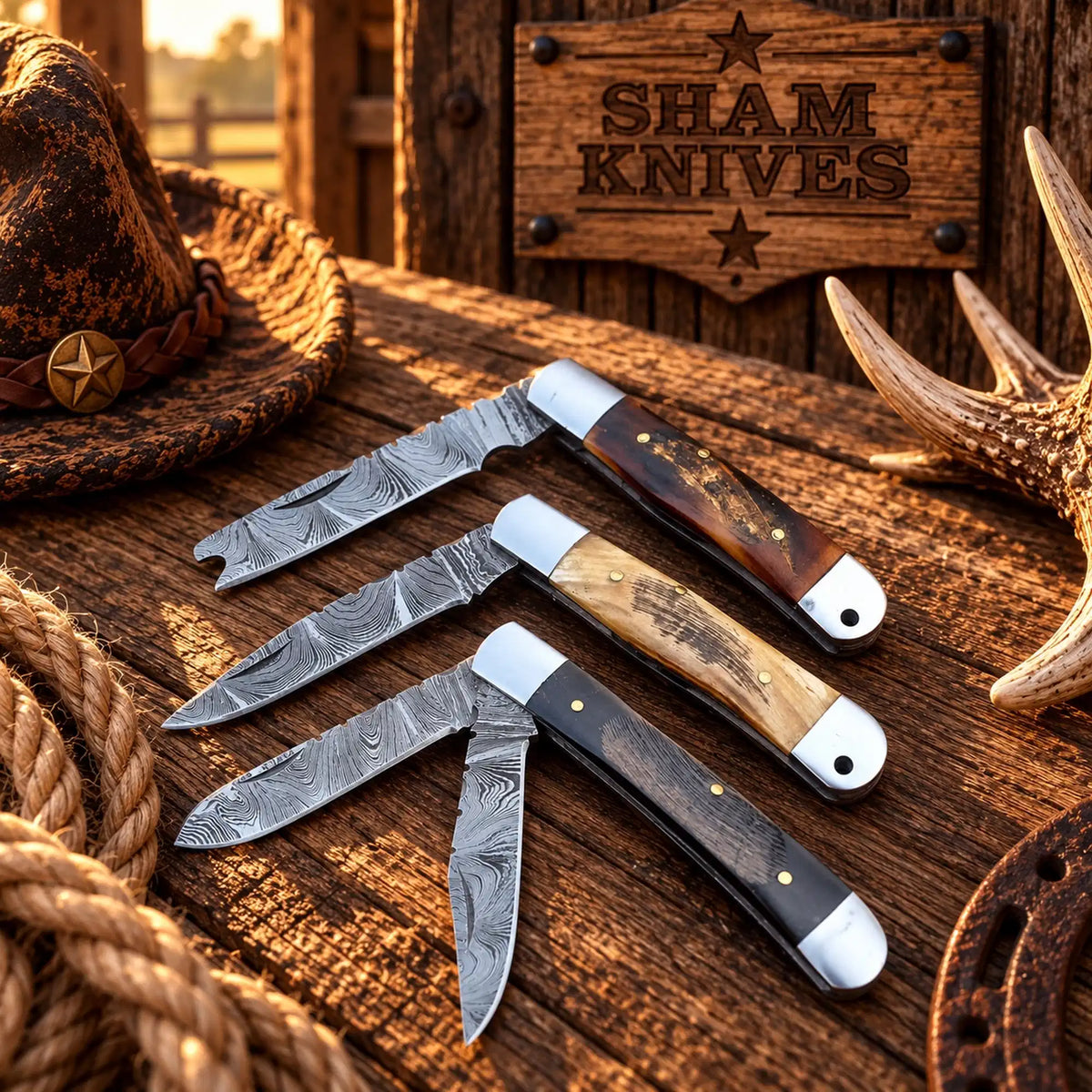 Three-piece cowboy utility Damascus trapper folding knife set