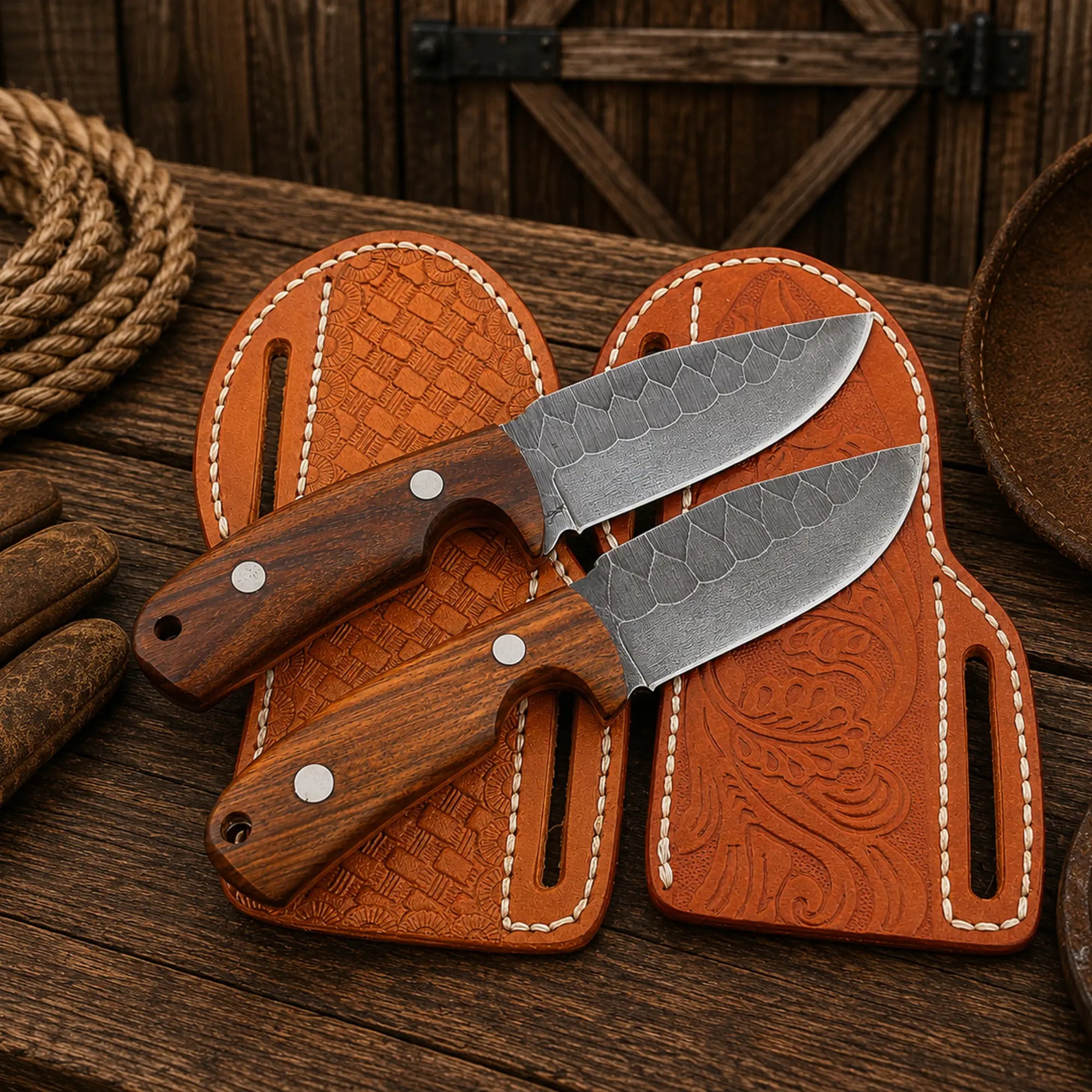 Western fixed blade knife set with handcrafted leather belt sheaths.