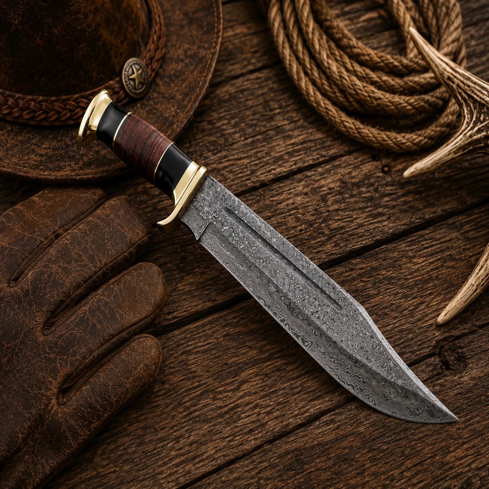 Crocodile Dundee Bowie Knife for sale – 16" Damascus Steel with Leather Sheath - SHAM KNIVESBowie knifeSHAM KNIVESHandmade 16-inch Damascus Bowie knife with stacked leather handle.