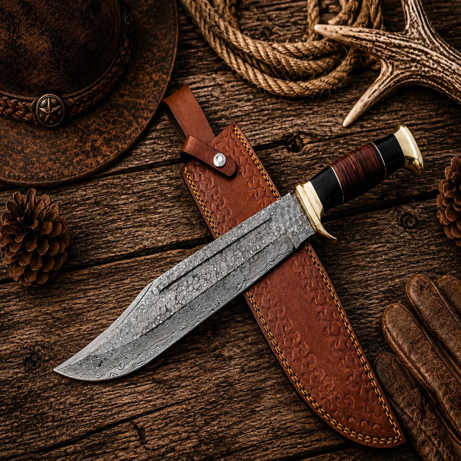 Crocodile Dundee Bowie Knife for sale – 16" Damascus Steel with Leather Sheath - SHAM KNIVESBowie knifeSHAM KNIVESFull tang Damascus Bowie knife with genuine leather sheath.