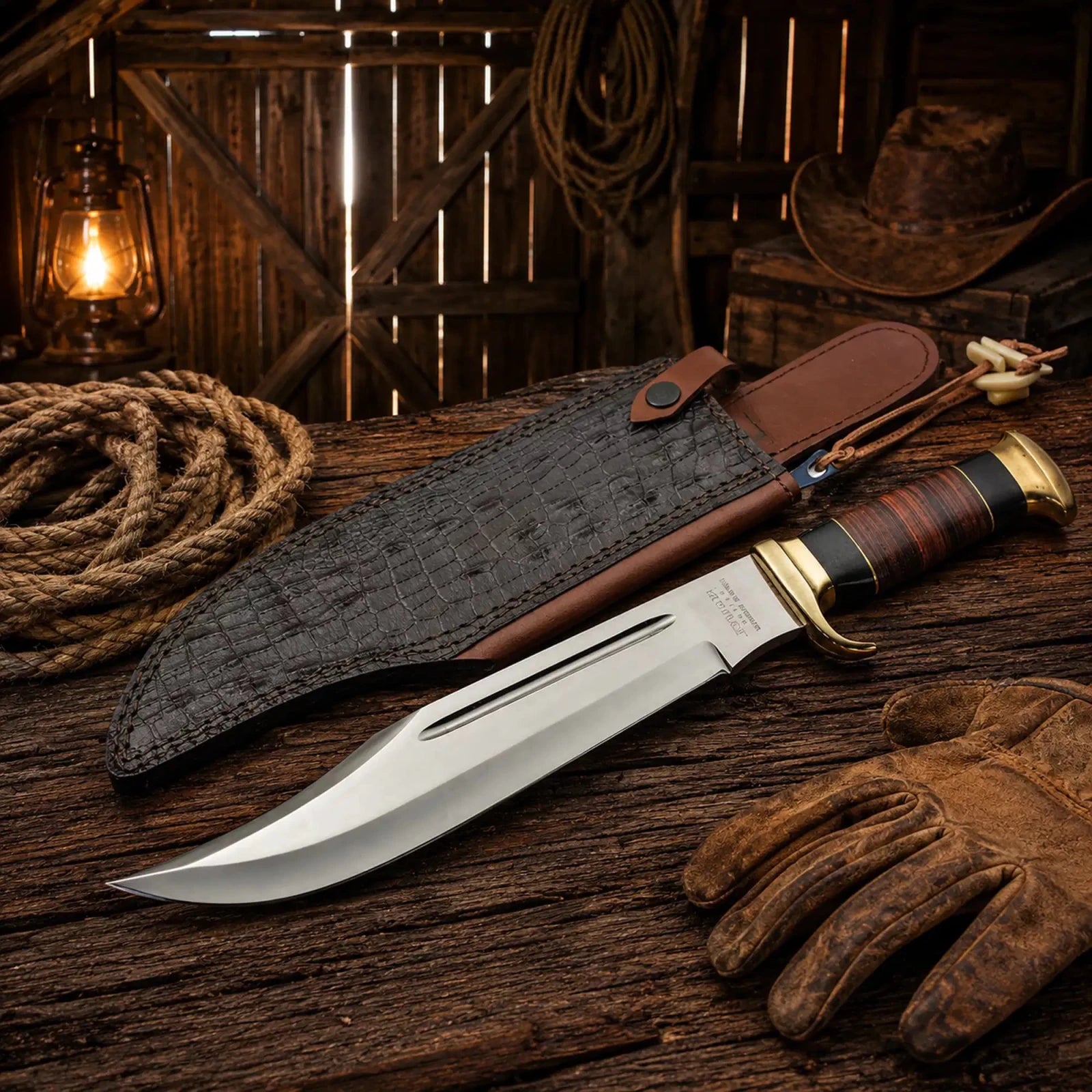 Crocodile Dundee Knife 440C Steel Bowie with Buffalo Horn - SHAM KNIVESBowie knifeSHAM KNIVESCrocodile Dundee movie knife with 440C steel Bowie blade and leather sheath