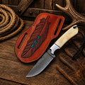 Cross Draw Cowboy Knife – 4" Firestorm Damascus Blade & Camel Bone Handle - SHAM KNIVESCowboy KnifeSHAM KNIVESHandmade Cross Draw Cowboy Knife with Firestorm Damascus blade and camel bone handle and feather engraved leather cross draw sheath