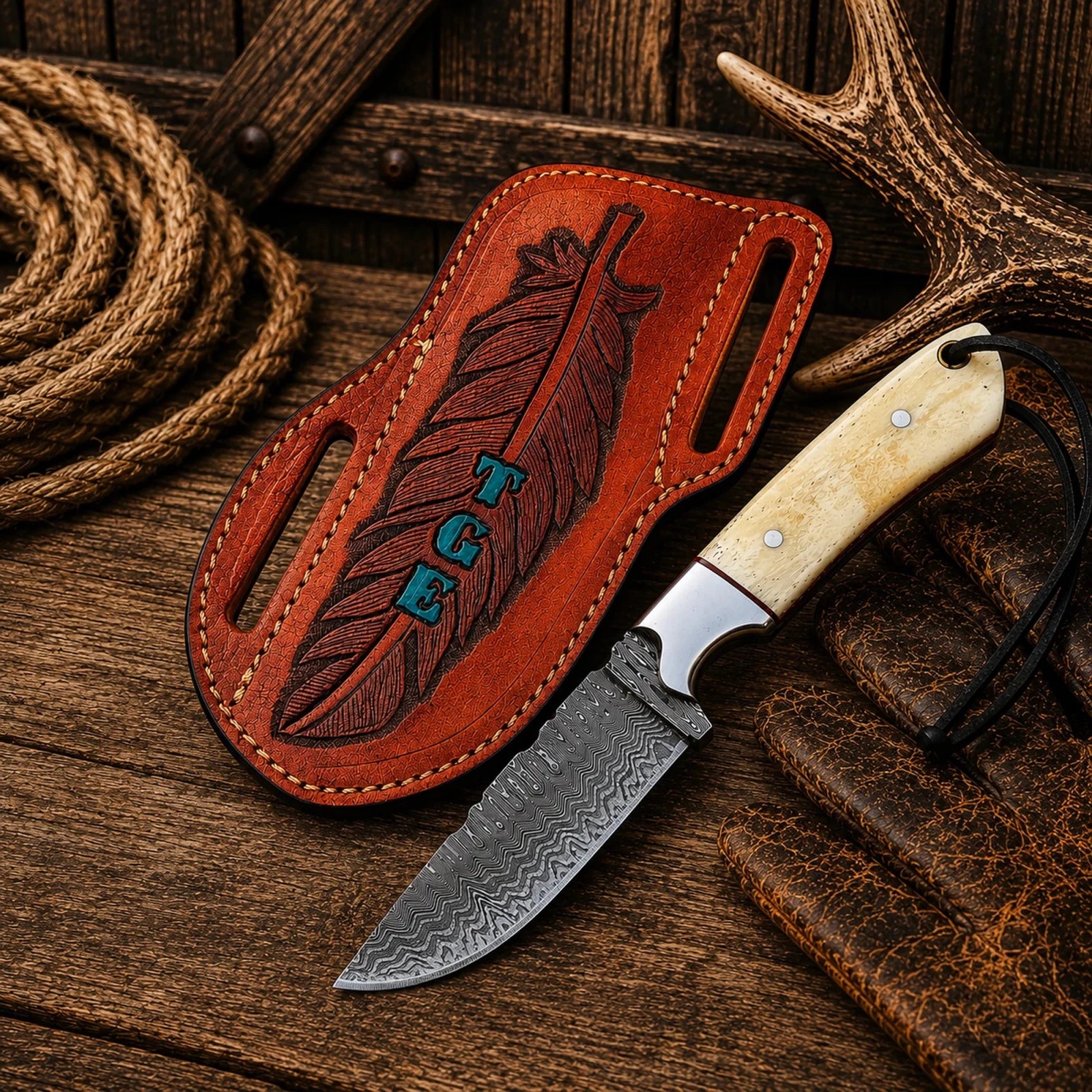 Cross Draw Cowboy Knife – 4" Firestorm Damascus Blade & Camel Bone Handle - SHAM KNIVESCowboy KnifeSHAM KNIVESHandmade Cross Draw Cowboy Knife with Firestorm Damascus blade and camel bone handle and feather engraved leather cross draw sheath