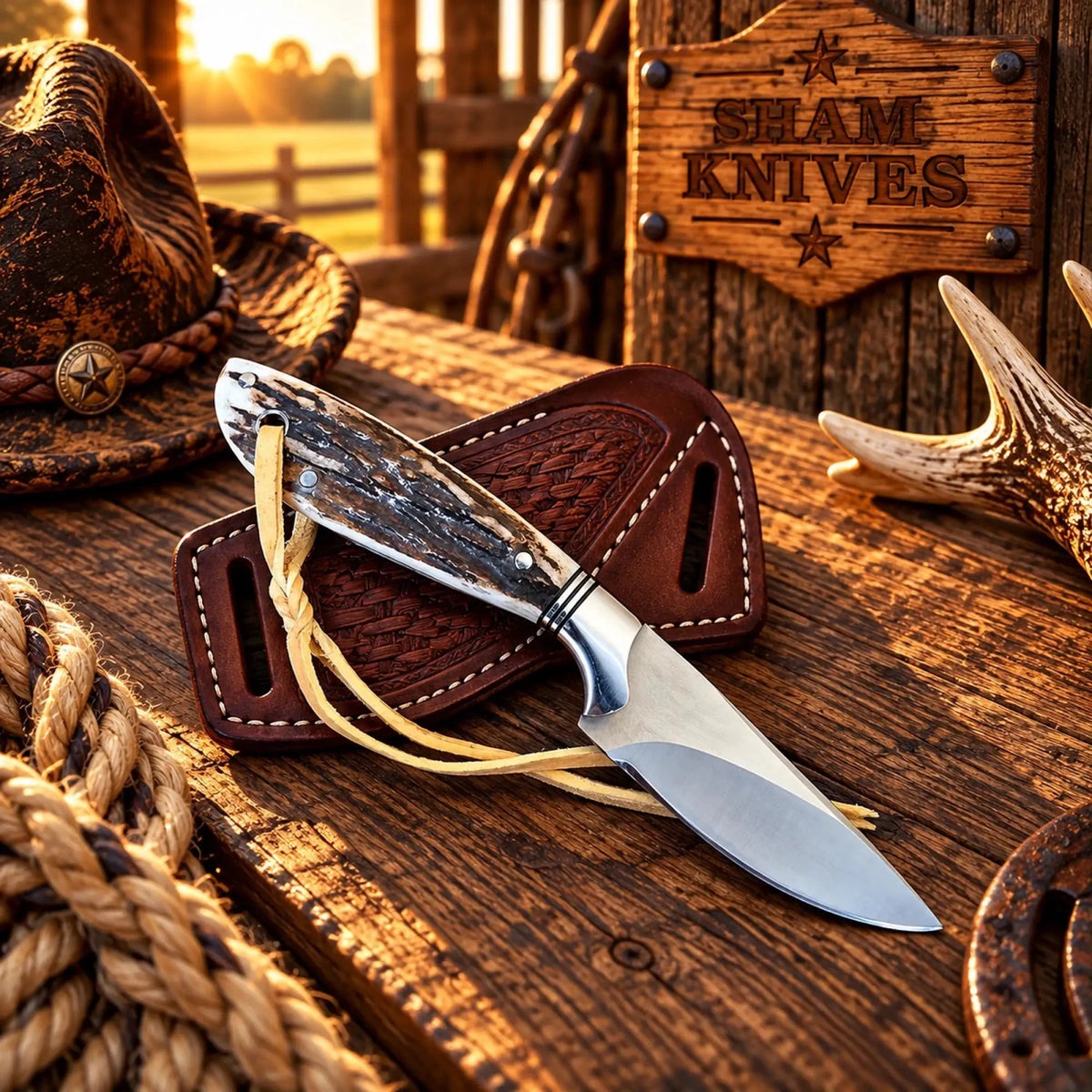Cross Draw cowboy sheath knife - 3.5” D2 steel with stag horn handle - SHAM KNIVESCowboy KnifeSHAM KNIVESCross draw cowboy sheath knife with 3.5 inch D2 steel blade