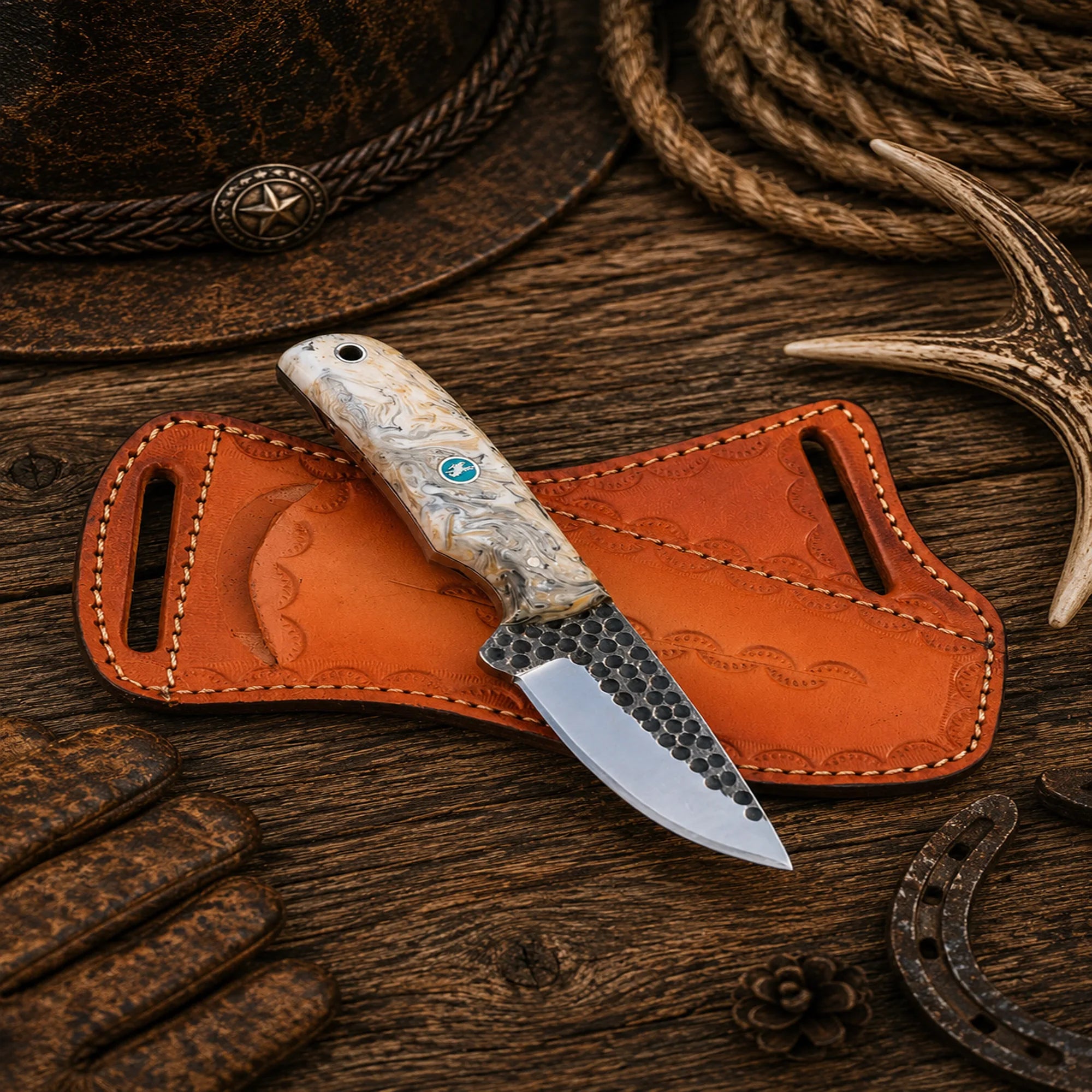 Cross draw cowboy skinning knife with 1095 steel blade and epoxy resin handle