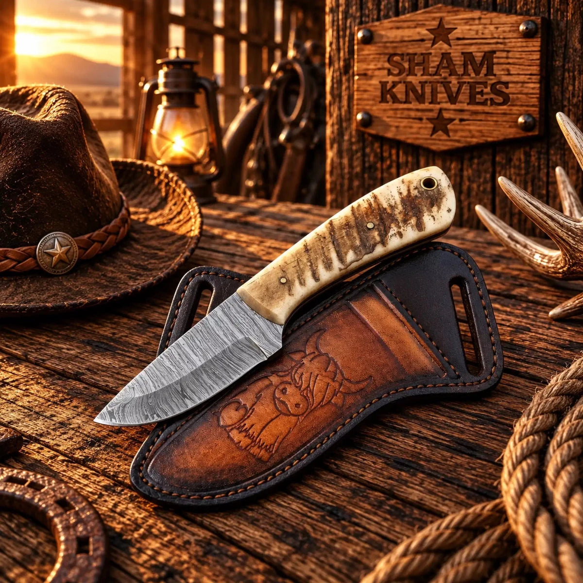 Cross-Draw Damascus Skinner Knife – Sheep Horn Handle & Sheath - SHAM KNIVESSkinning KnifeSHAM KNIVESCross-draw Damascus skinner knife with natural sheep horn handle