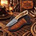 Cross-draw Damascus skinner knife with natural sheep horn handle