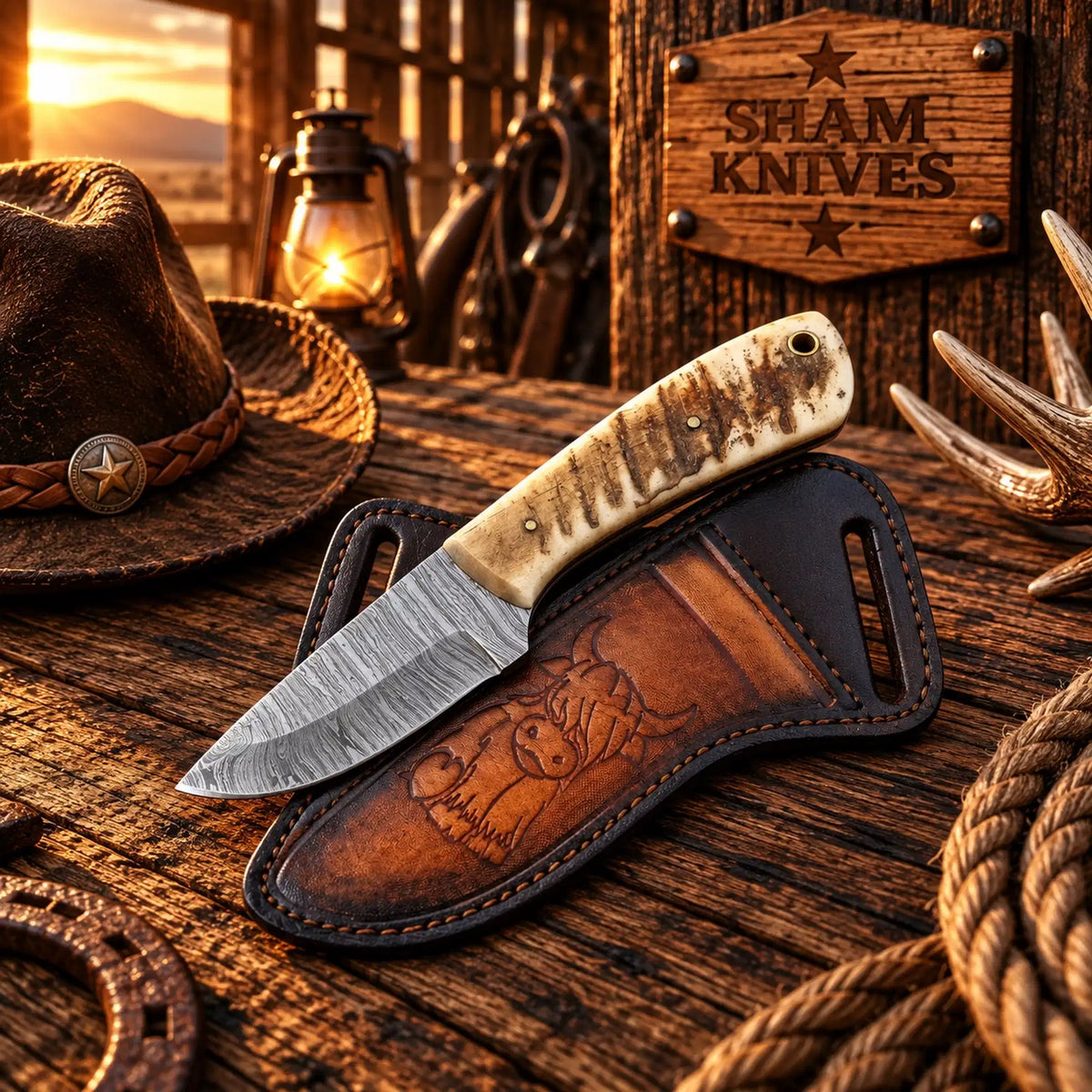 Cross-draw Damascus skinner knife with natural sheep horn handle