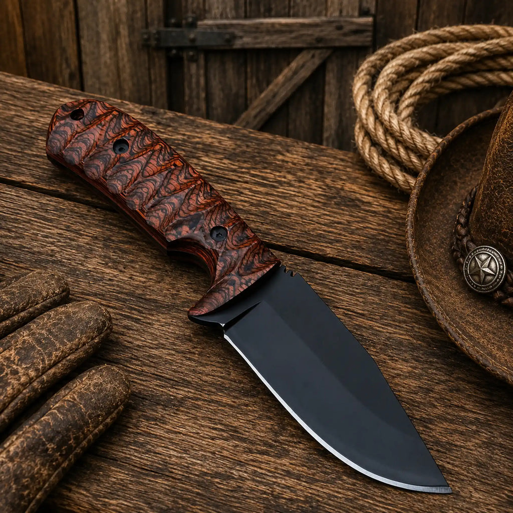Handmade Cross Draw Ranch Knife with black D2 powder-coated blade and exotic jigged wood handle.