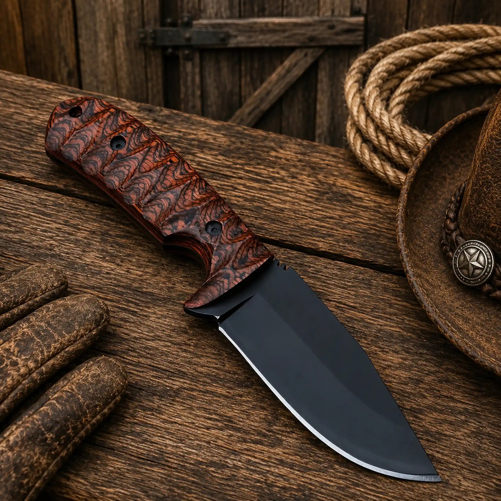 Handmade Cross Draw Ranch Knife with black D2 powder-coated blade and exotic jigged wood handle.