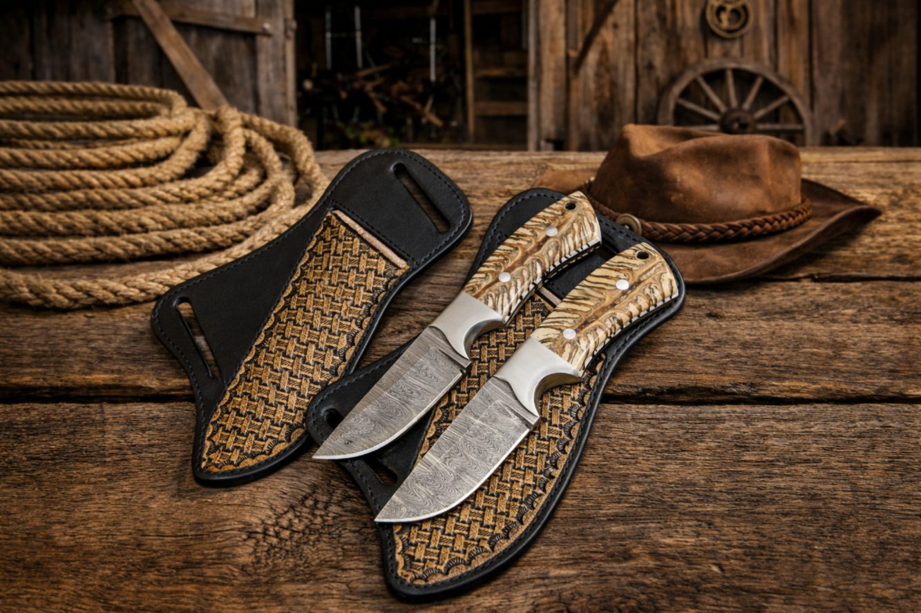 Cross draw sheath knife with 3.75 inch Damascus steel blade and pinecone handle on rustic wooden table with cowboy rope and hat