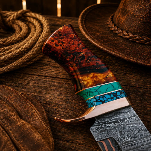 Custom Bowie hunting knife featuring copper Damascus steel blade