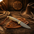 Custom Buckaroo skinning belt knife with D2 steel blade and mountain sheep horn handle