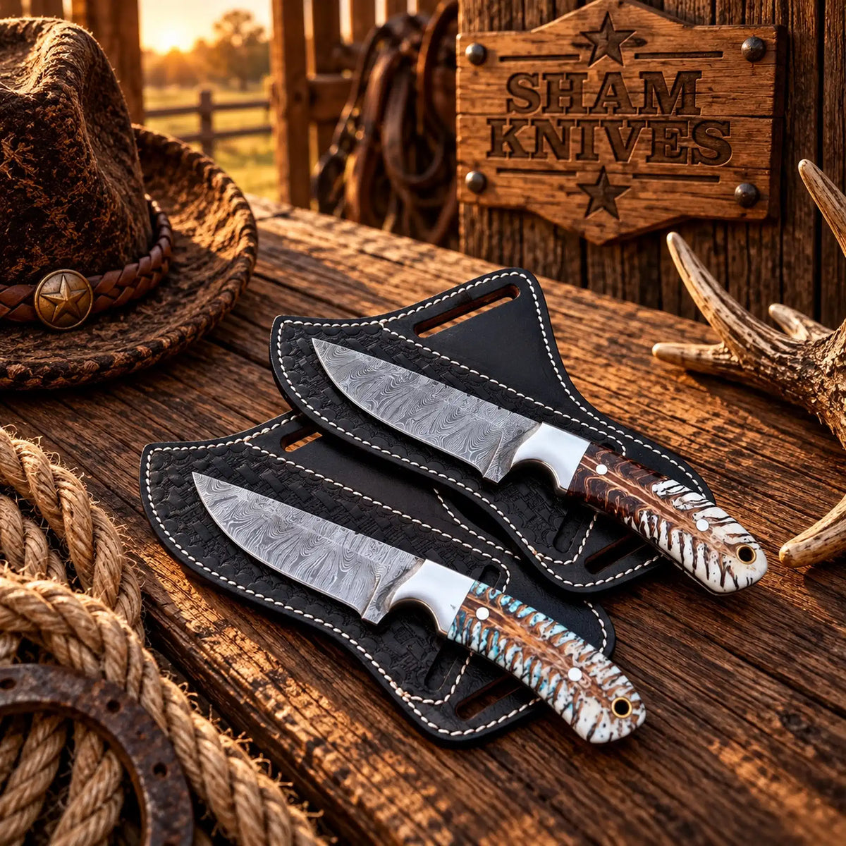 Custom cowboy hunting knife set with 4-inch Damascus steel blades