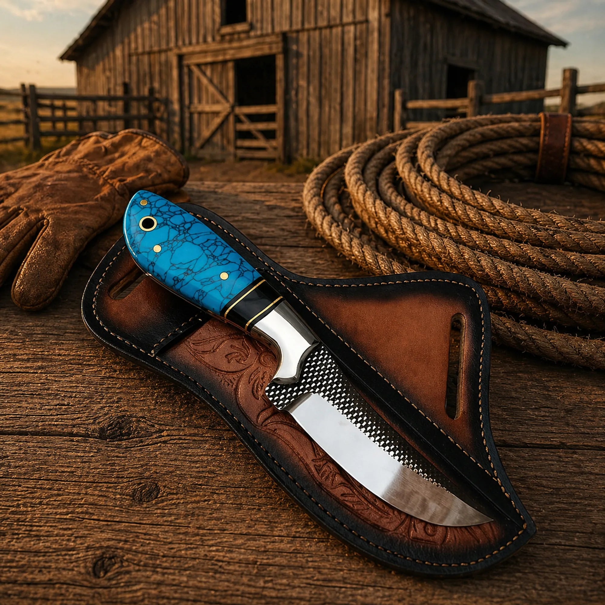 Custom cowboy belt knife for hunting and outdoor use