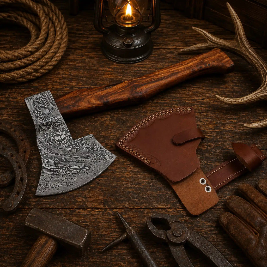 Custom Damascus axe hand forged ranch hatchet with wood handle