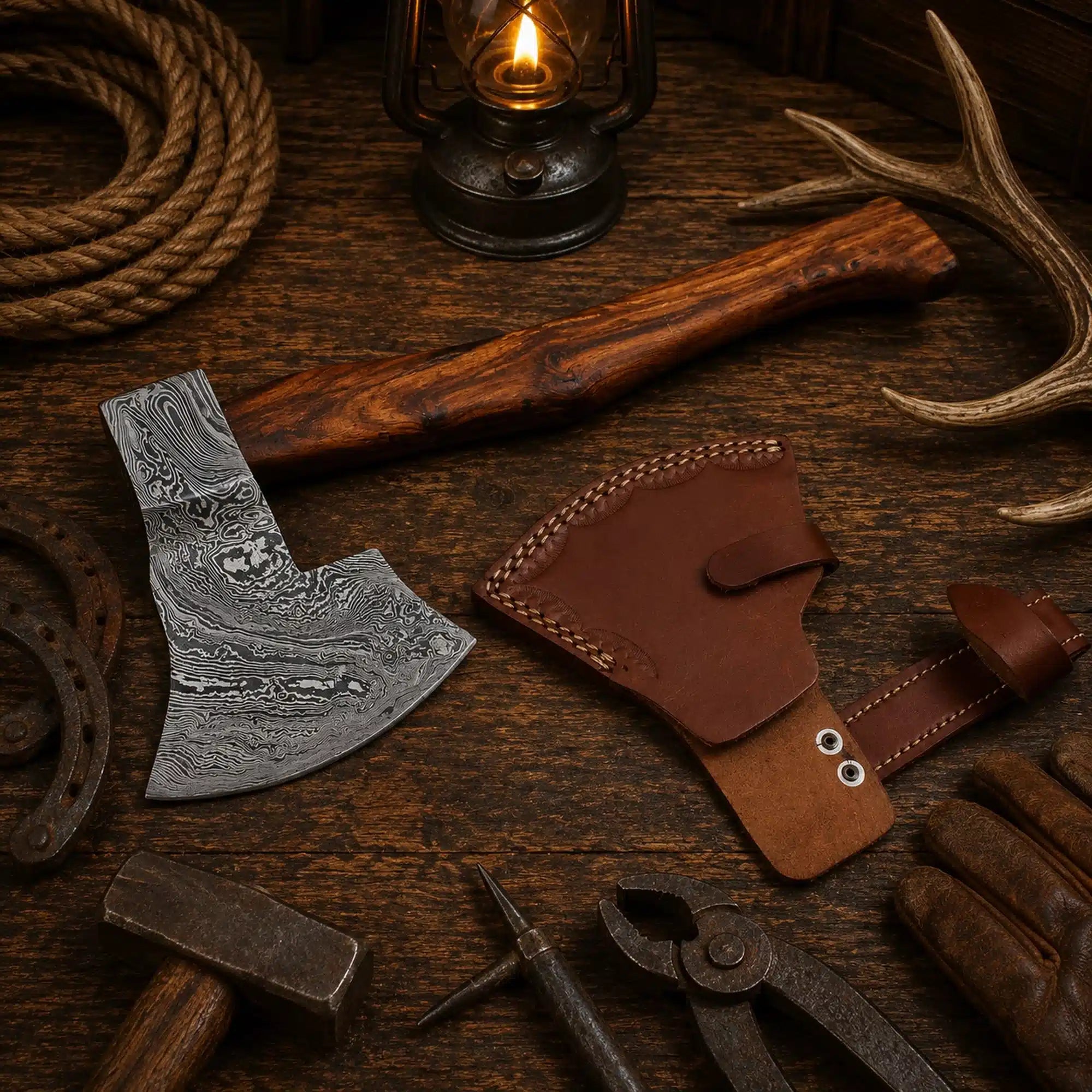 Custom Damascus axe hand forged ranch hatchet with wood handle