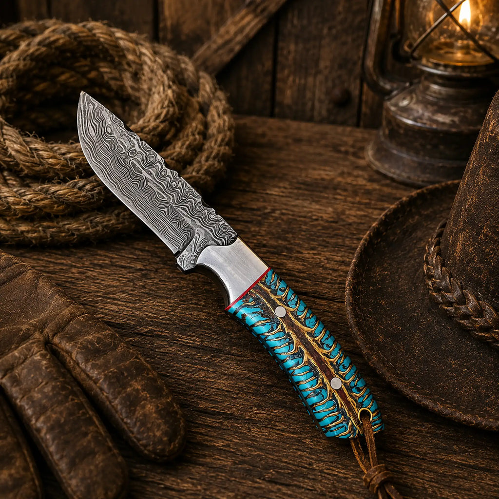 Custom western carry knife featuring Damascus blade and pinecone handle