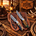 Custom two-piece Damascus cowboy skinner knife set