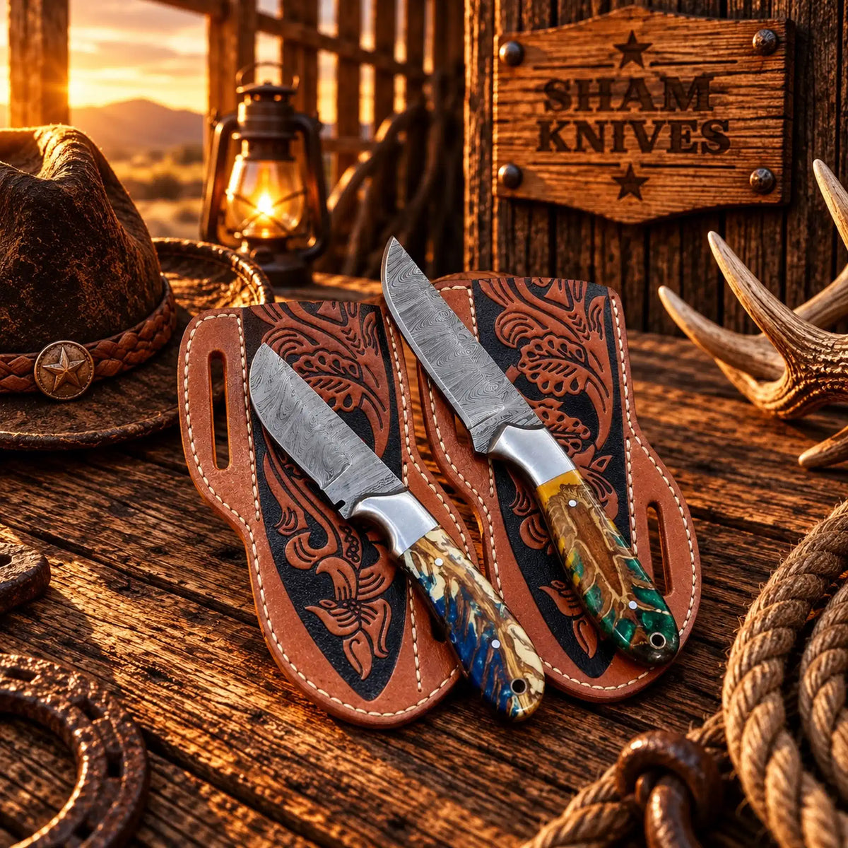 Custom two-piece Damascus cowboy skinner knife set