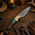 Custom Damascus hunting knife with turquoise and rosewood handle