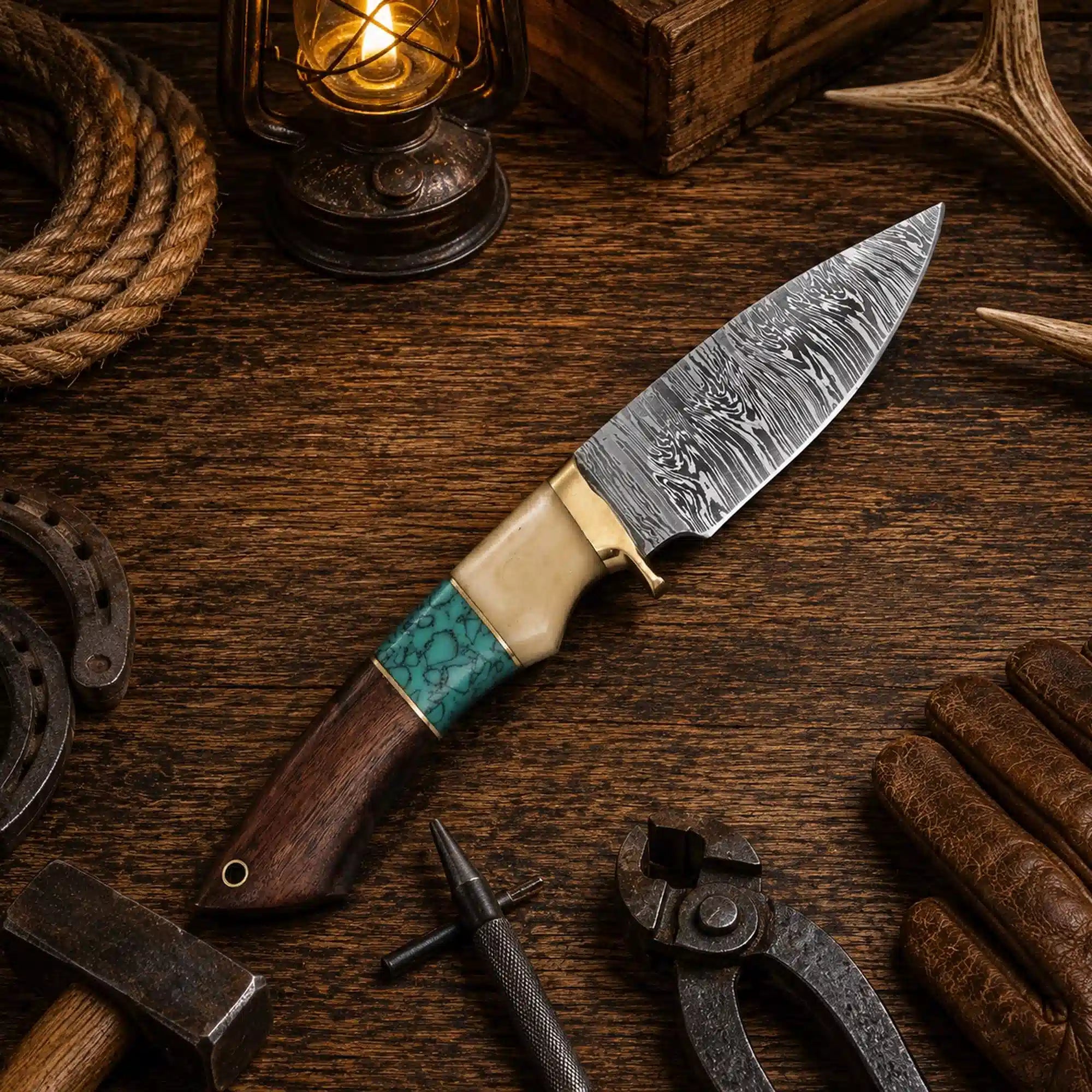 Custom Damascus hunting knife with turquoise and rosewood handle