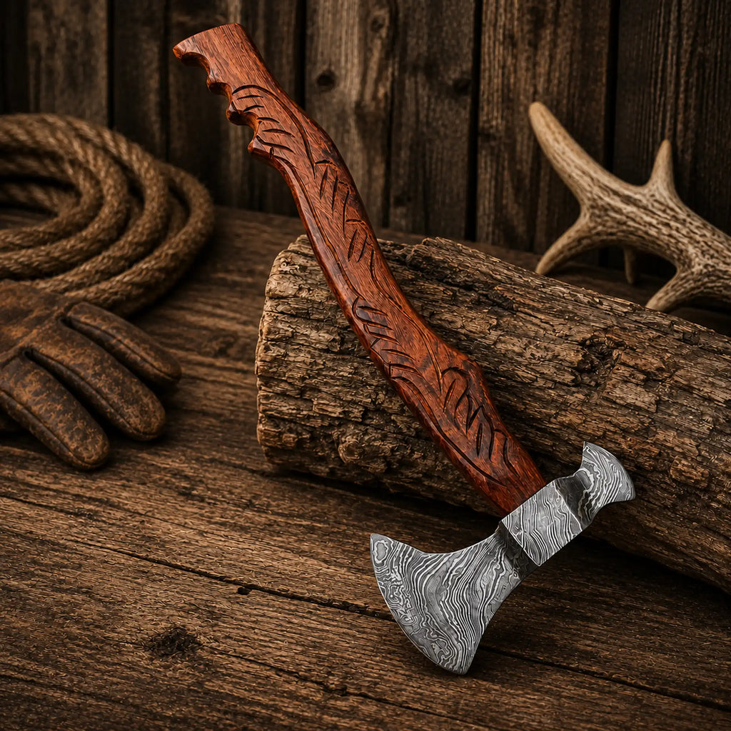 Custom Damascus steel tomahawk with ergonomic rosewood handle for camping and bushcraft.