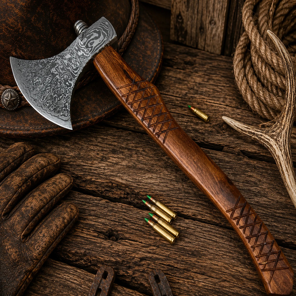 Handmade Damascus steel axe with carved rosewood handle on rustic wooden table.