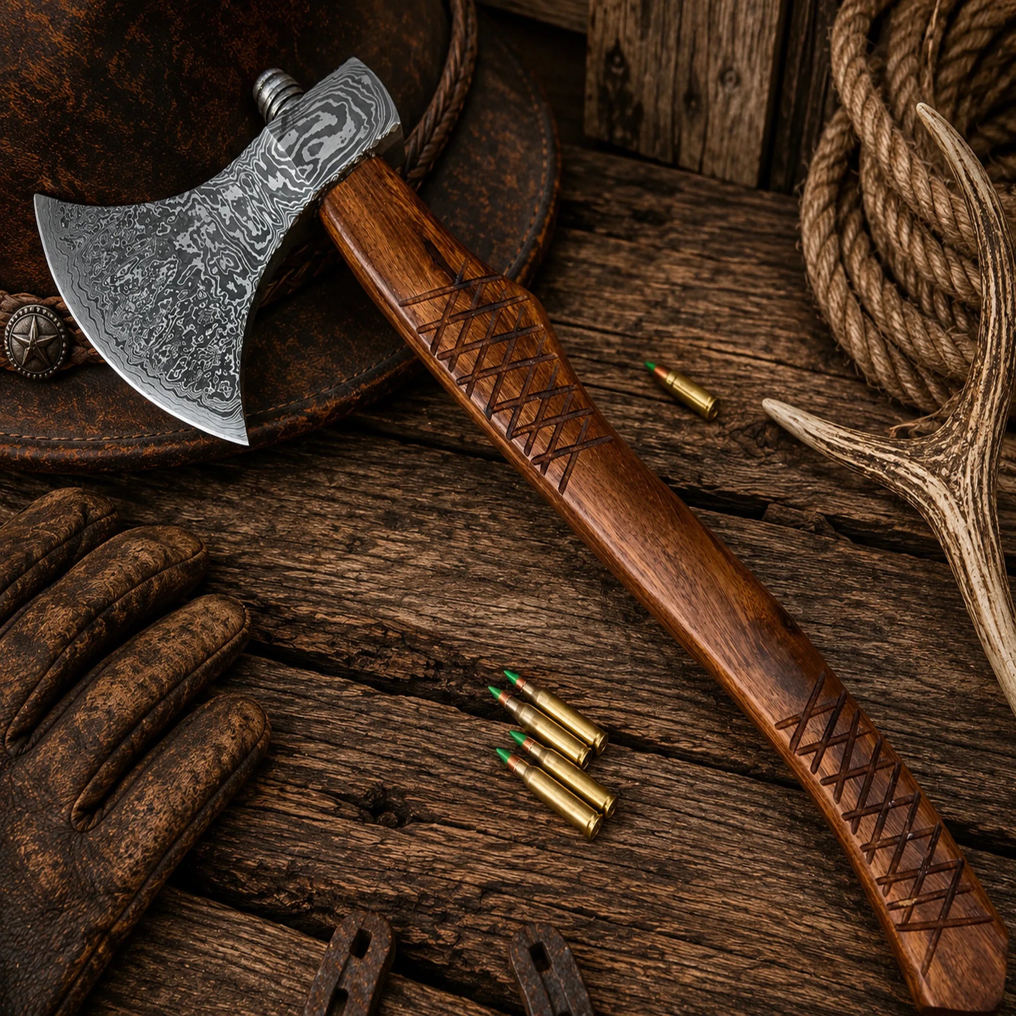 Handmade Damascus steel axe with carved rosewood handle on rustic wooden table.
