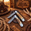 Custom Damascus trapper folding knife set with stag horn handles