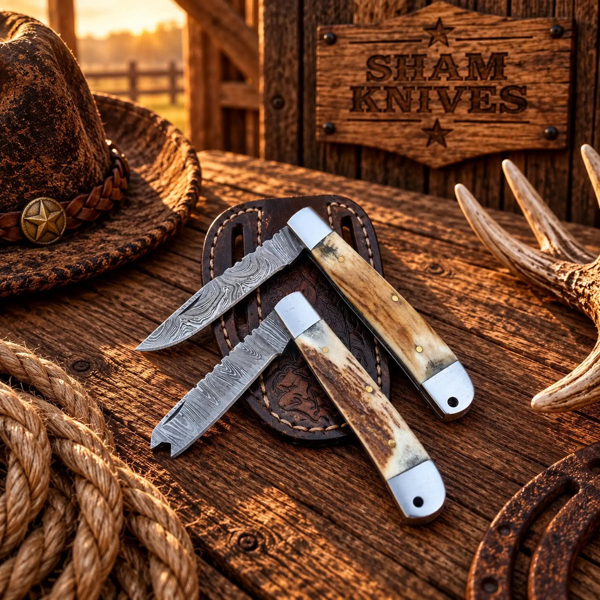 Custom Damascus trapper folding knife set with stag horn handles