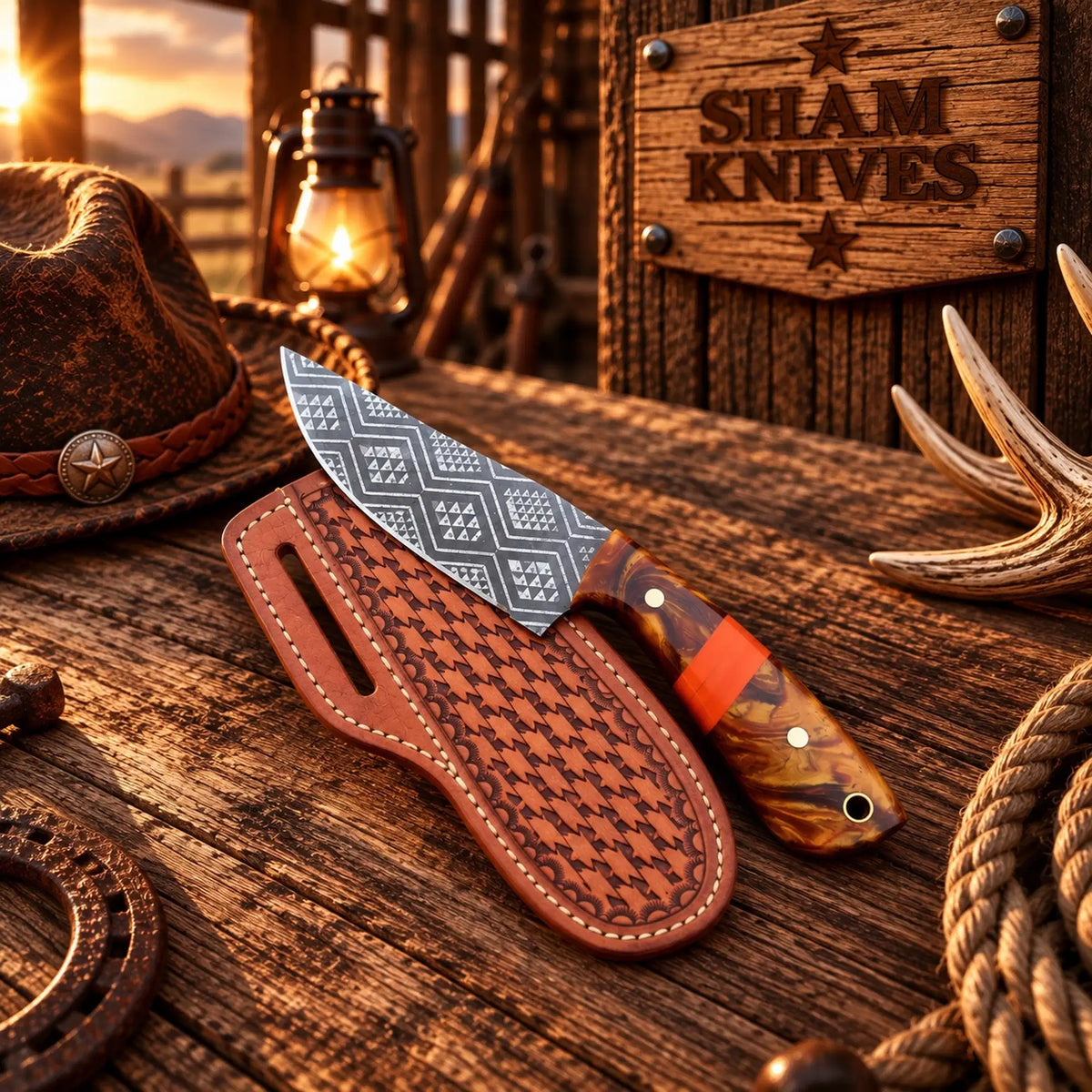 Custom etched Western skinning knife with amber resin handle