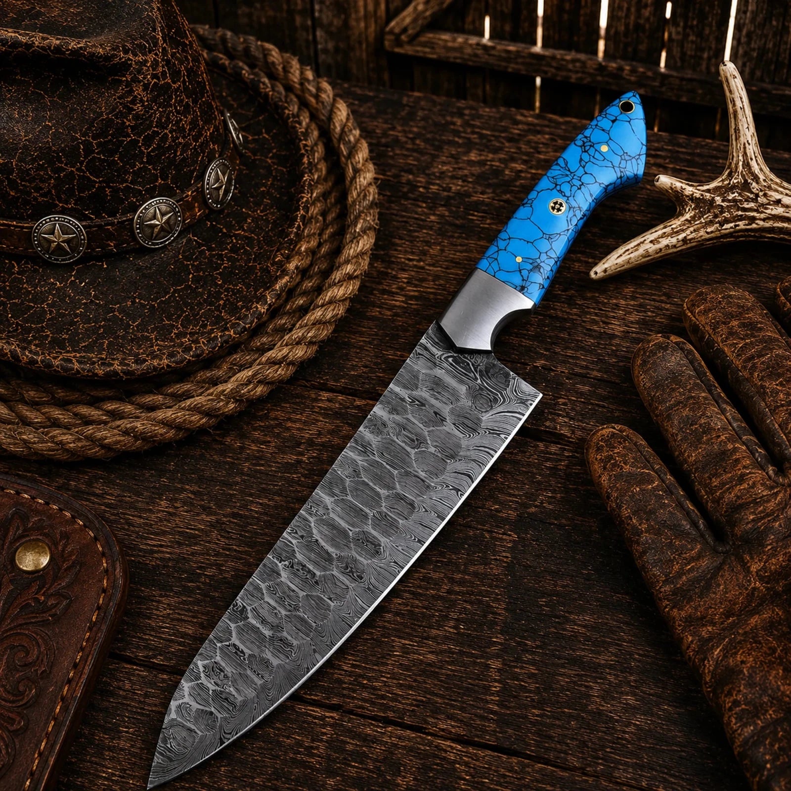 Custom Hand Forged Damascus Chef Knife – Turquoise Handle & Steel Bolster - SHAM KNIVESchef knifeSHAM KNIVESHandmade Damascus chef knife with turquoise handle and steel bolster.