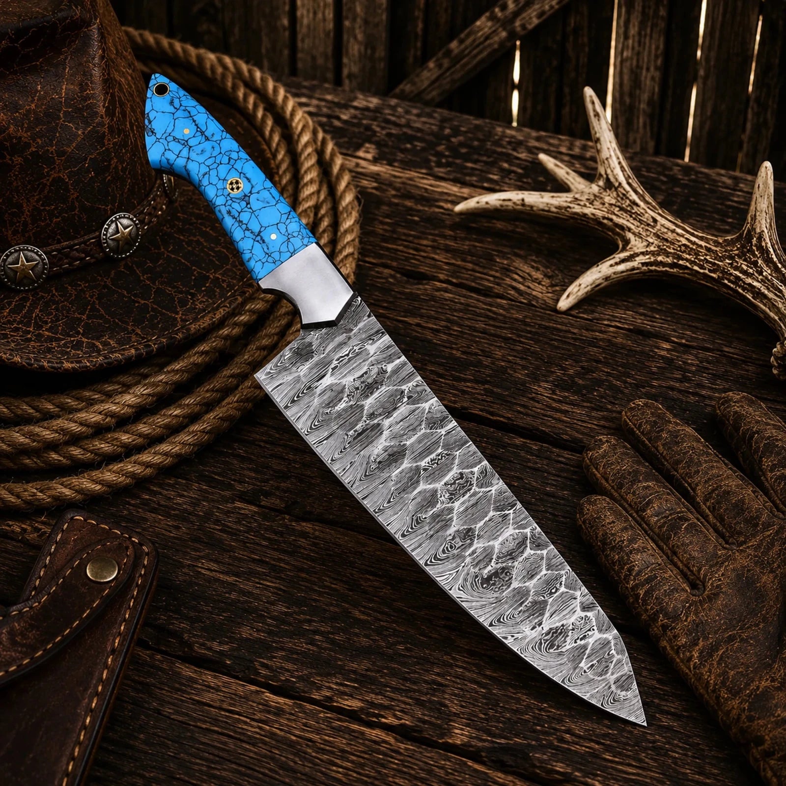 Custom Hand Forged Damascus Chef Knife – Turquoise Handle & Steel Bolster - SHAM KNIVESchef knifeSHAM KNIVESPremium Damascus kitchen knife featuring turquoise handle.