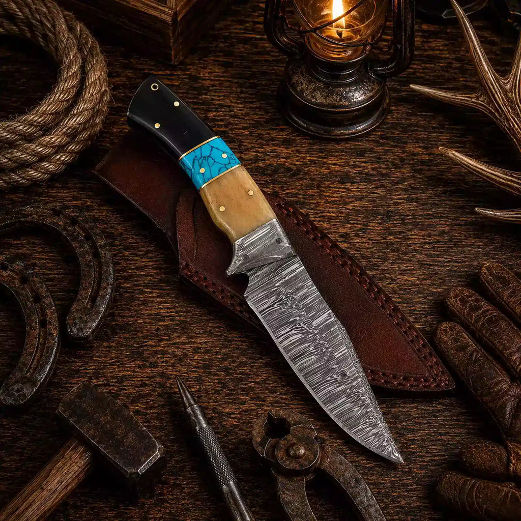 Custom handmade Damascus steel fixed blade bushcraft knife with leather sheath