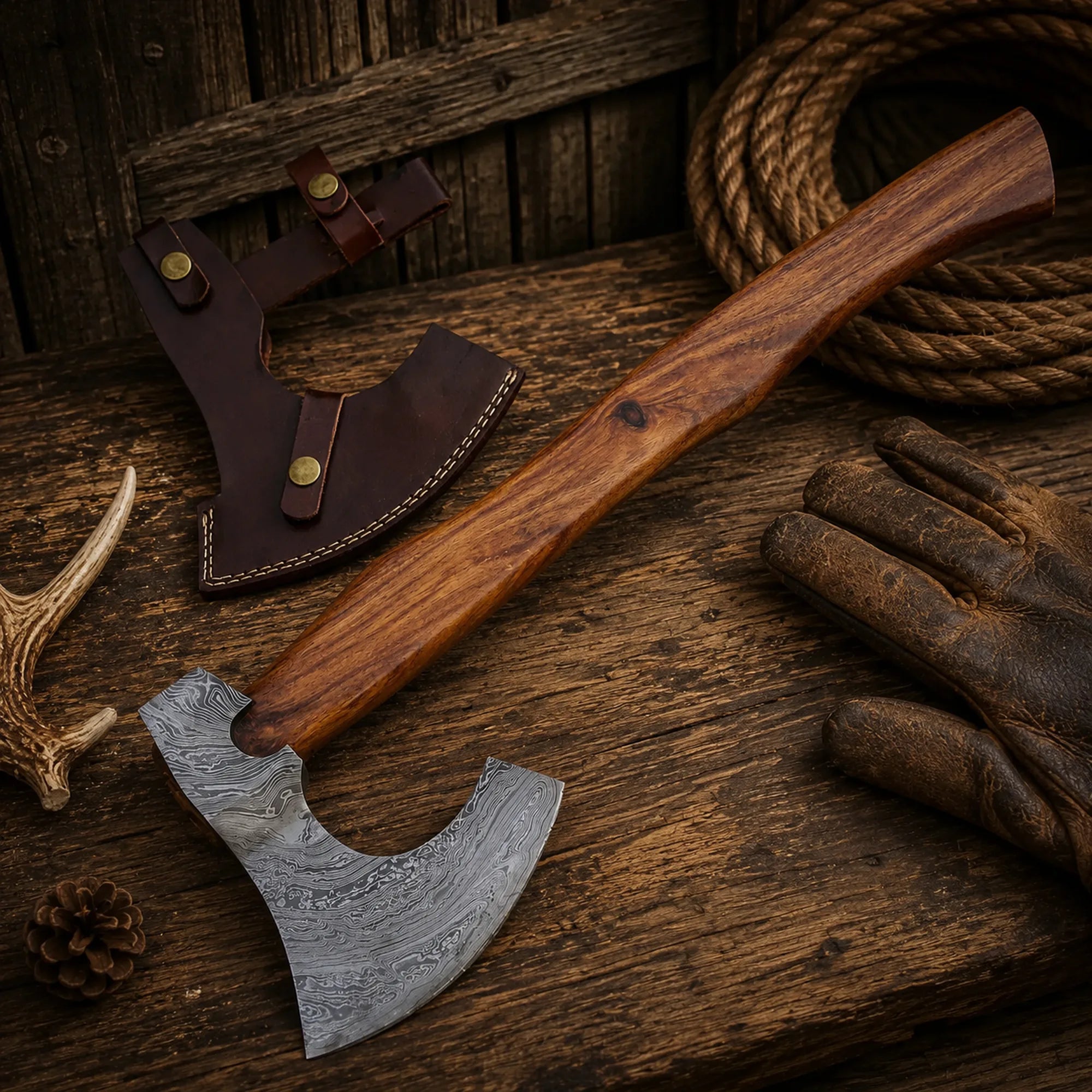 Handmade Damascus steel axe with rosewood handle and leather sheath.