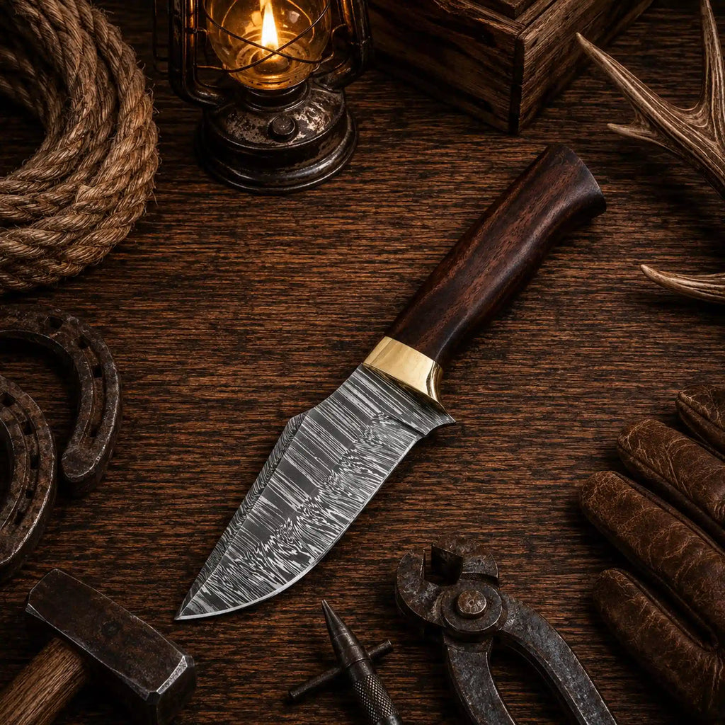 Custom handmade Damascus steel fixed blade camping hunting knife