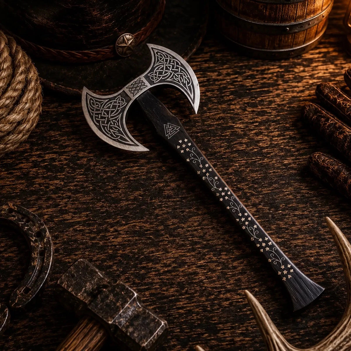 Custom Handmade Double-Headed Viking Axe – Forged Carbon Steel - SHAM KNIVESViking AxeSHAM KNIVESCustom handmade double-headed Viking axe with forged carbon steel head