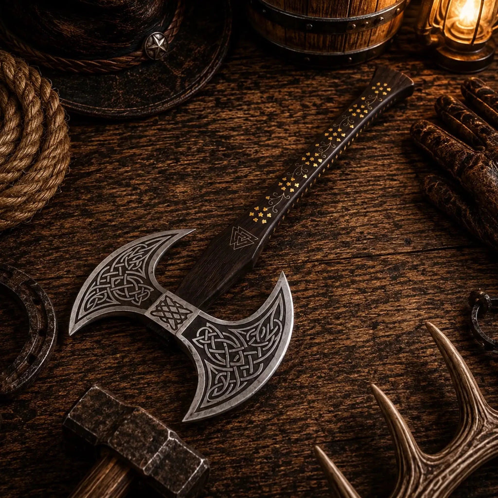 Custom Handmade Double-Headed Viking Axe – Forged Carbon Steel - SHAM KNIVESViking AxeSHAM KNIVESHandmade Norse axe with Nordic knotwork and carbon steel head