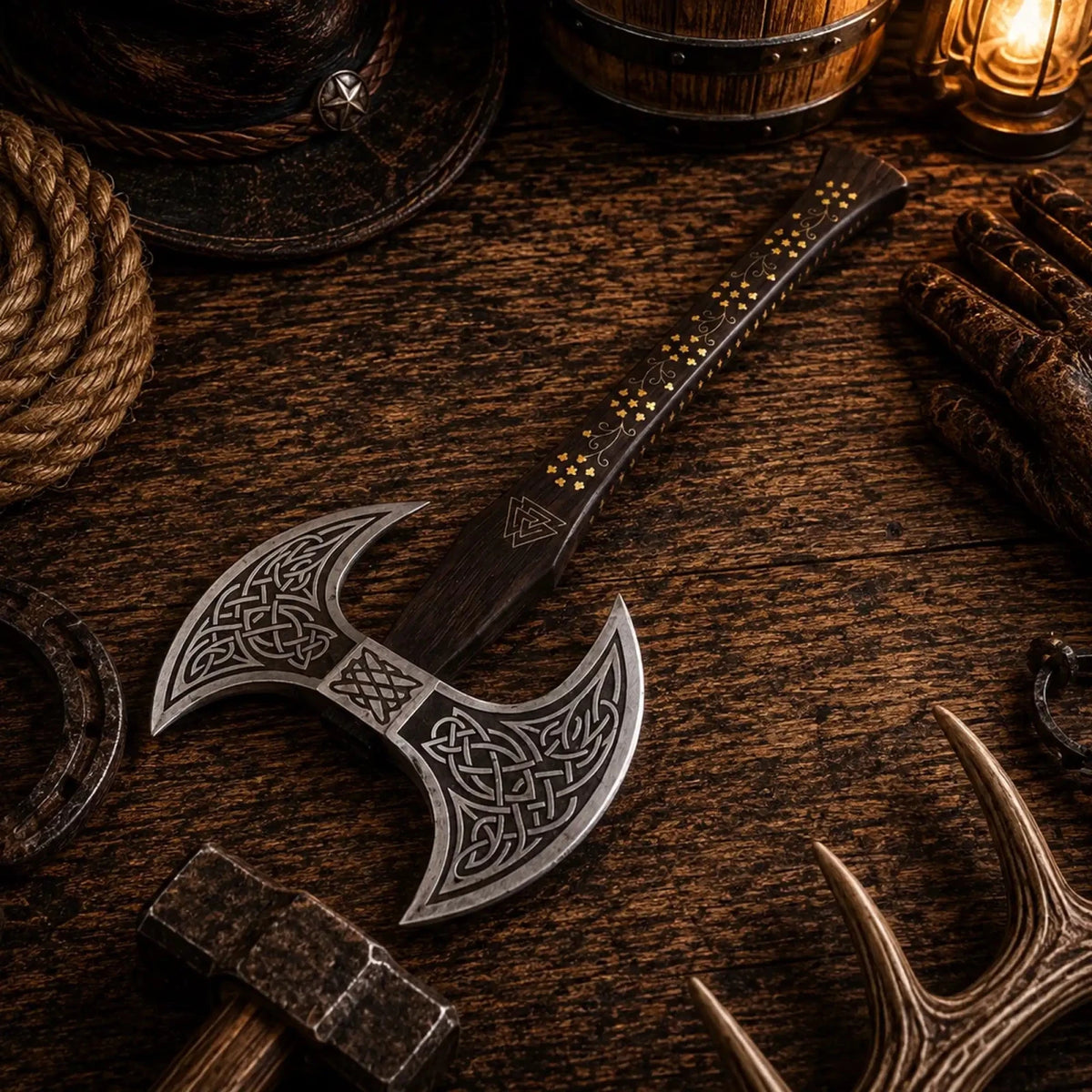 Custom Handmade Double-Headed Viking Axe – Forged Carbon Steel - SHAM KNIVESViking AxeSHAM KNIVESHandmade Norse axe with Nordic knotwork and carbon steel head