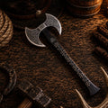 Custom handmade double-headed Viking axe with forged carbon steel head