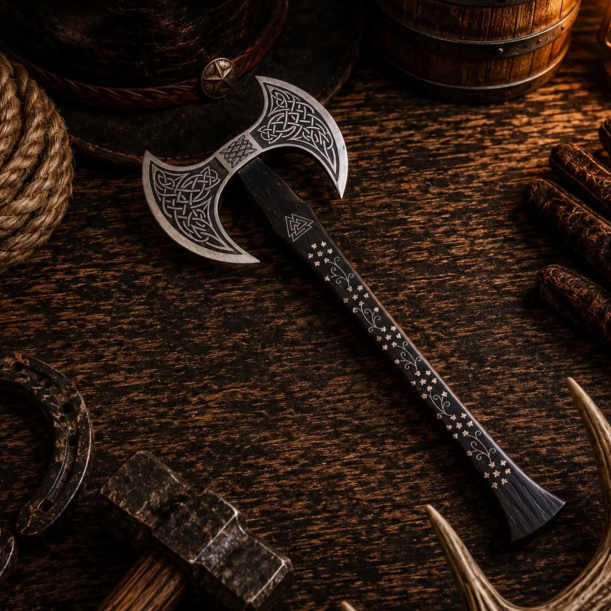 Custom handmade double-headed Viking axe with forged carbon steel head