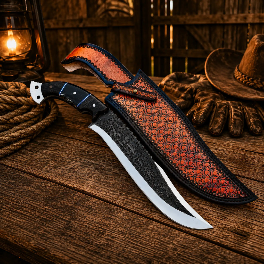 Custom hunting knife with D2 steel blade and leather sheath on rustic cowboy table