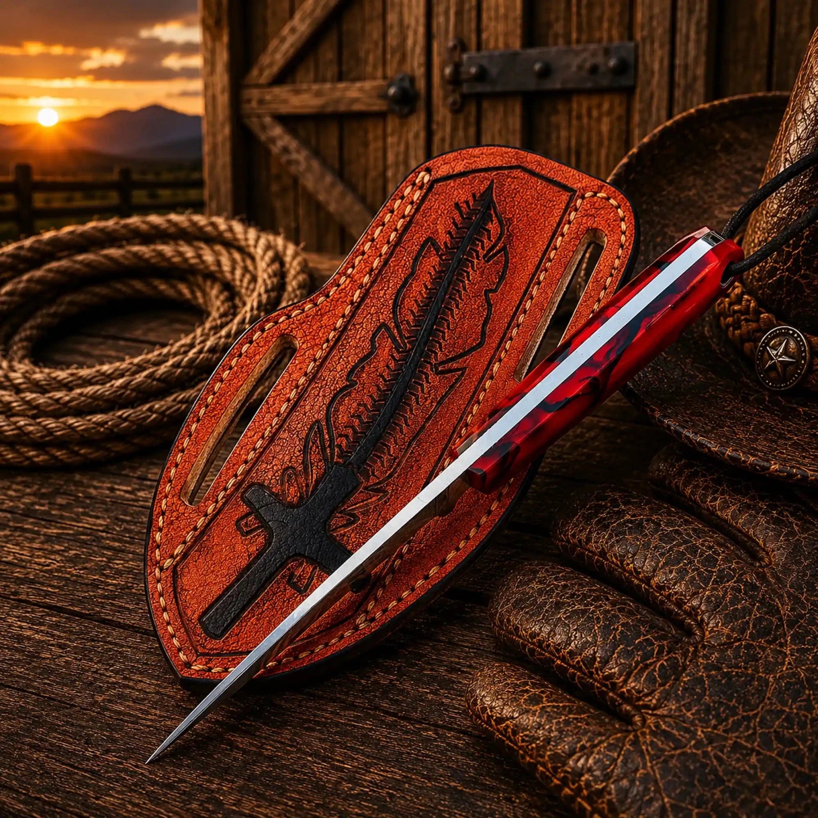 Custom Pancake Sheath Knife – Rasp File Blade Resin Handle - SHAM KNIVESCowboy KnifeSHAM KNIVESHandmade western utility knife with leather sheath and rasp file blade