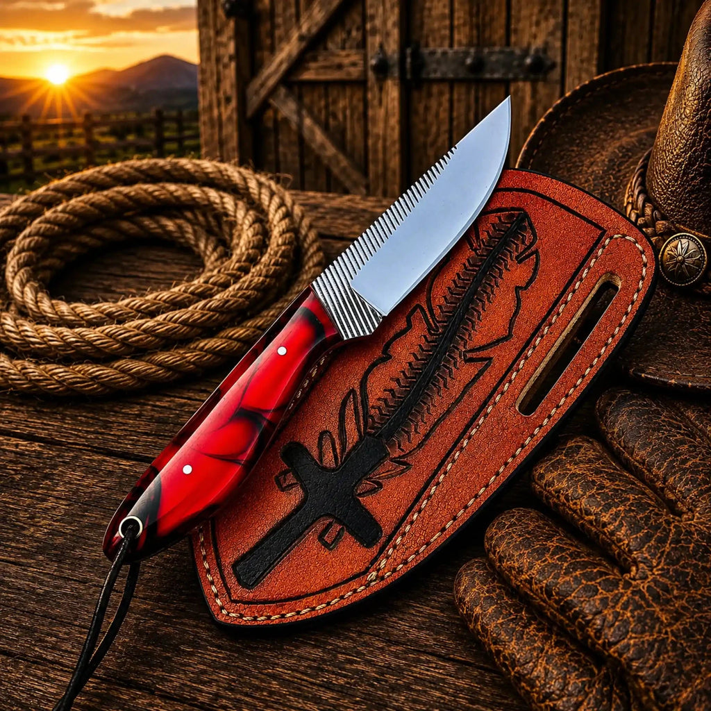 Custom Pancake Sheath Knife – Rasp File Blade Resin Handle - SHAM KNIVESCowboy KnifeSHAM KNIVESCustom fixed blade knife with epoxy resin handle for EDC and ranch work