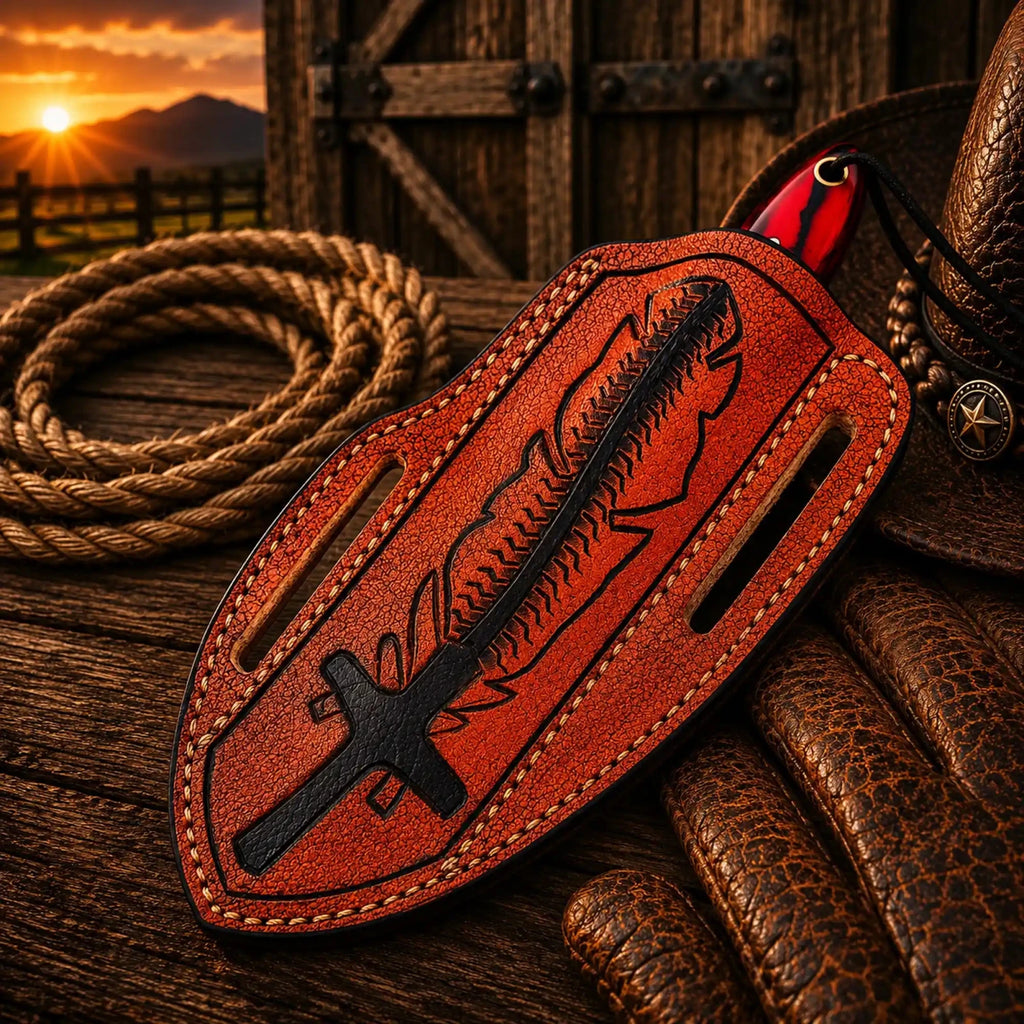 Custom Pancake Sheath Knife – Rasp File Blade Resin Handle - SHAM KNIVESCowboy KnifeSHAM KNIVESCompact hunting knife with red resin handle and pancake sheath
