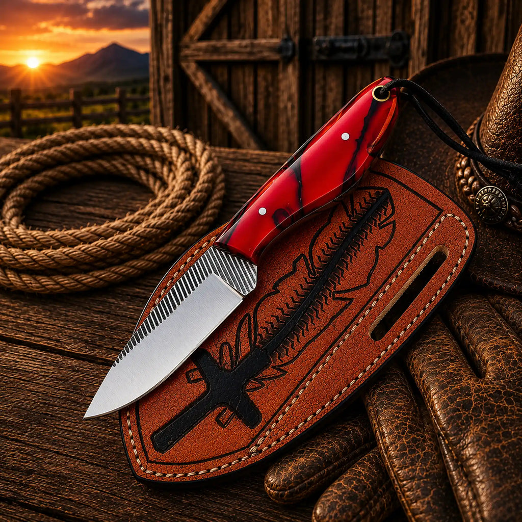 Handmade custom pancake sheath knife with rasp file blade and red epoxy resin handle